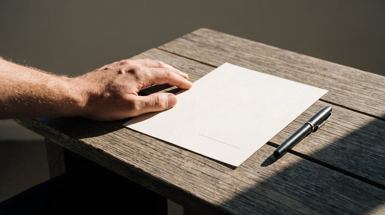 A hand resting on an unsigned document, the pen capped and set aside